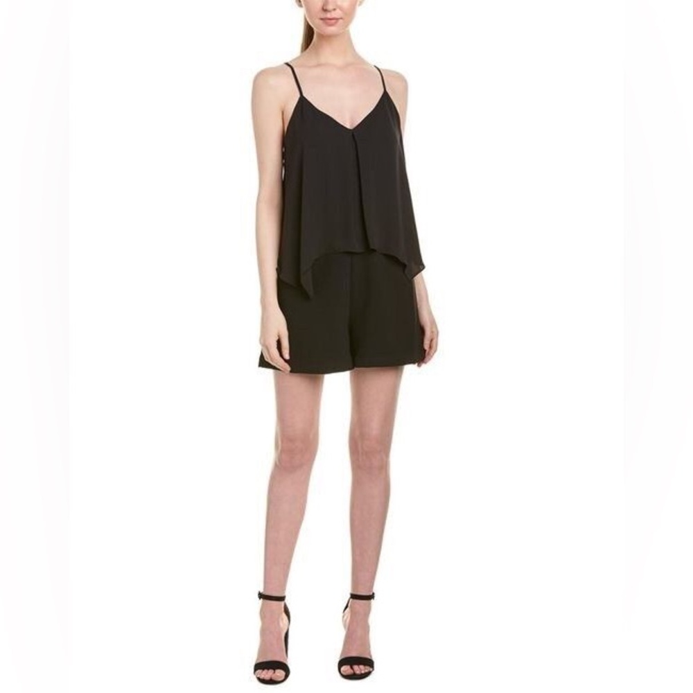 BCBG Maxazria Galiena Black Sexy Short Cocktail Romper ruffled  with pockets